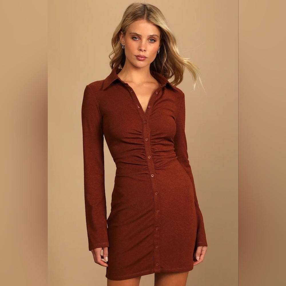 Lulus A Little Prep Rust Brown Button-up Bodycon Mini Dress